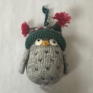 Handcrafted Gray Owl Ornament with Green and Red Hat